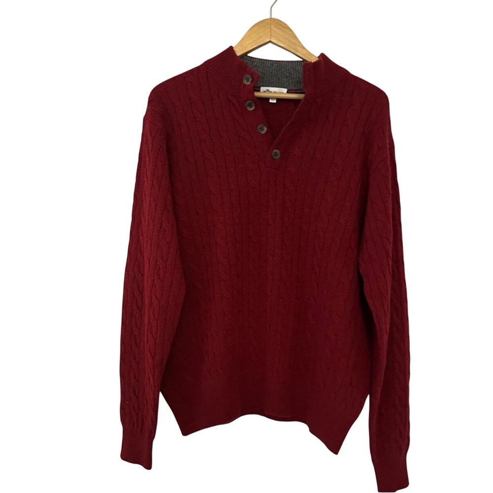 Peter Millar Mens Red Cable Knit Wool Yak Cashmere Mock Neck Button Sweater L